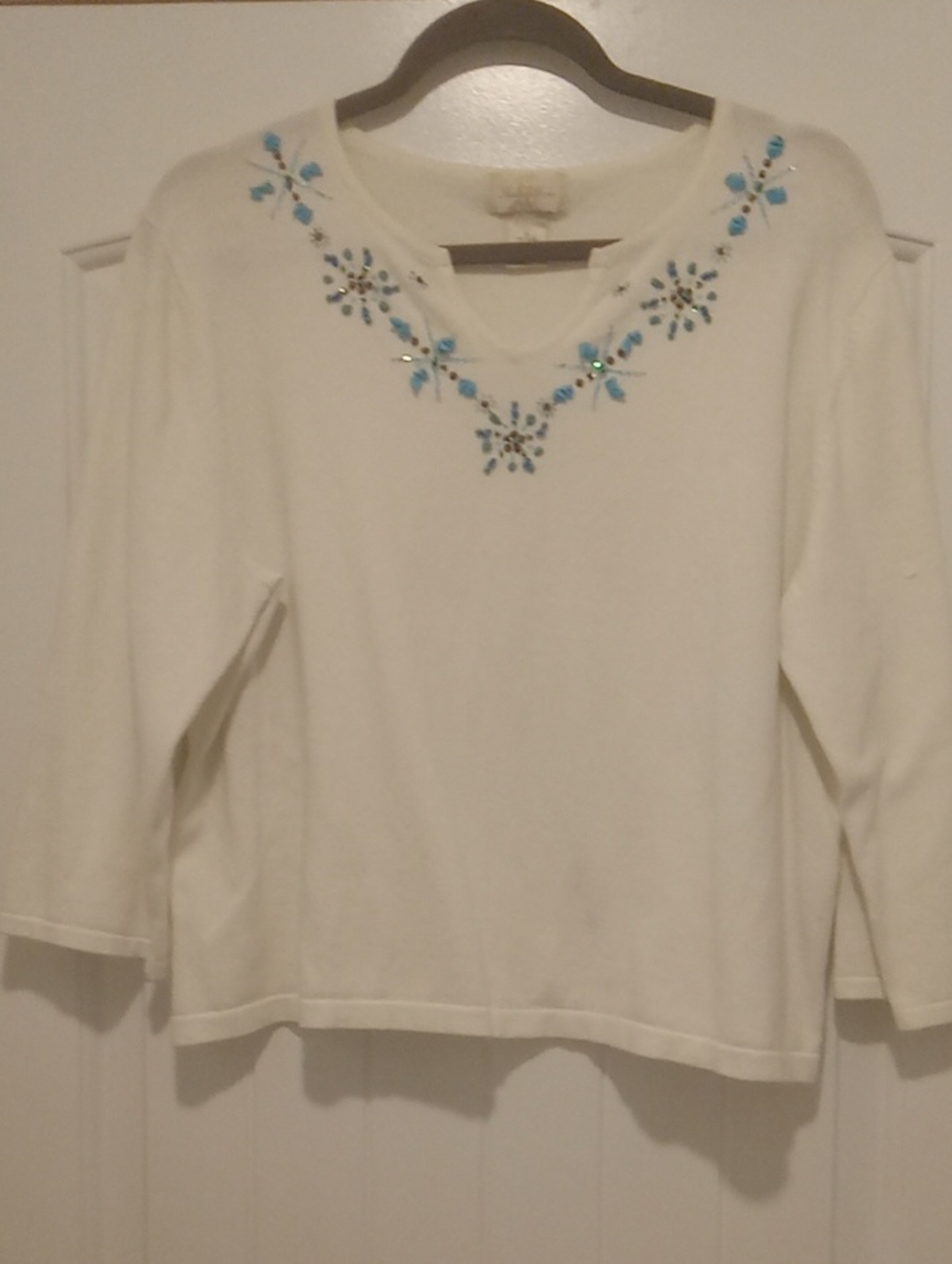 White Embellished Scoop Neck Sweater with Blue Torquoise Accents